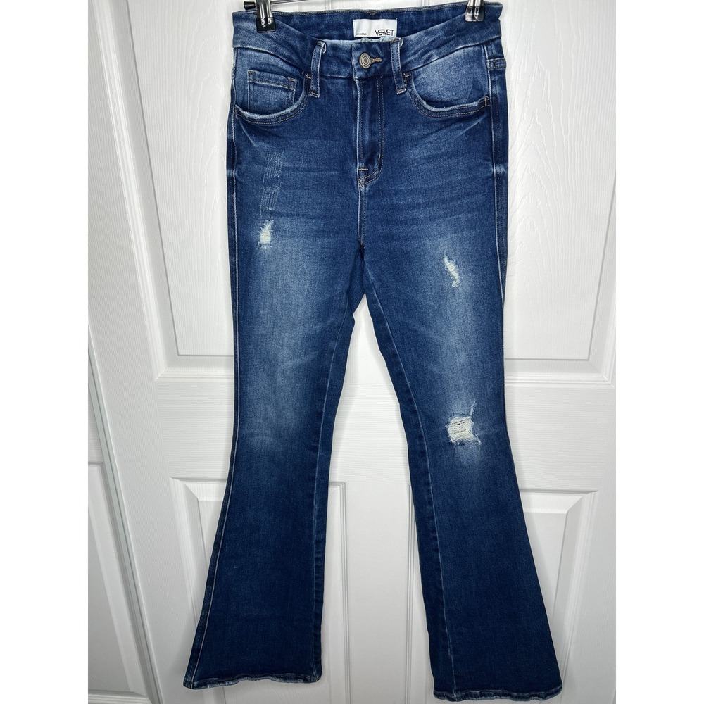Vervet High Rise Flare Jeans Sz 25 Blue Distressed Raw Hem Stretch Denim V2152